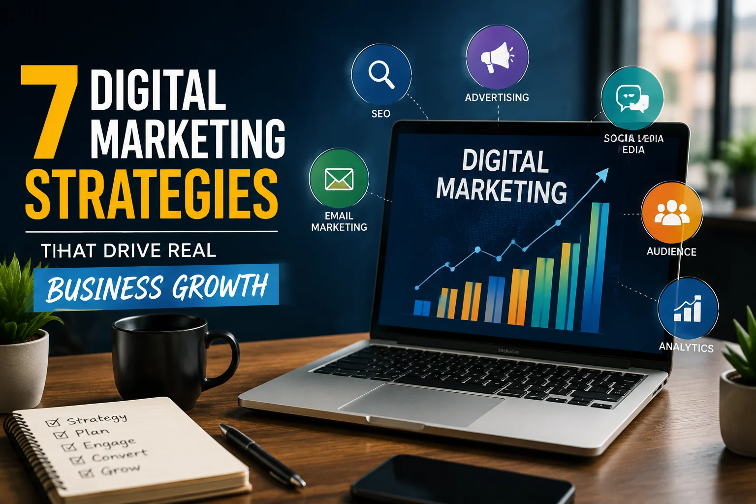 Digital marketing strategies with SEO, advertising, email, social media, audience targeting, and analytics.