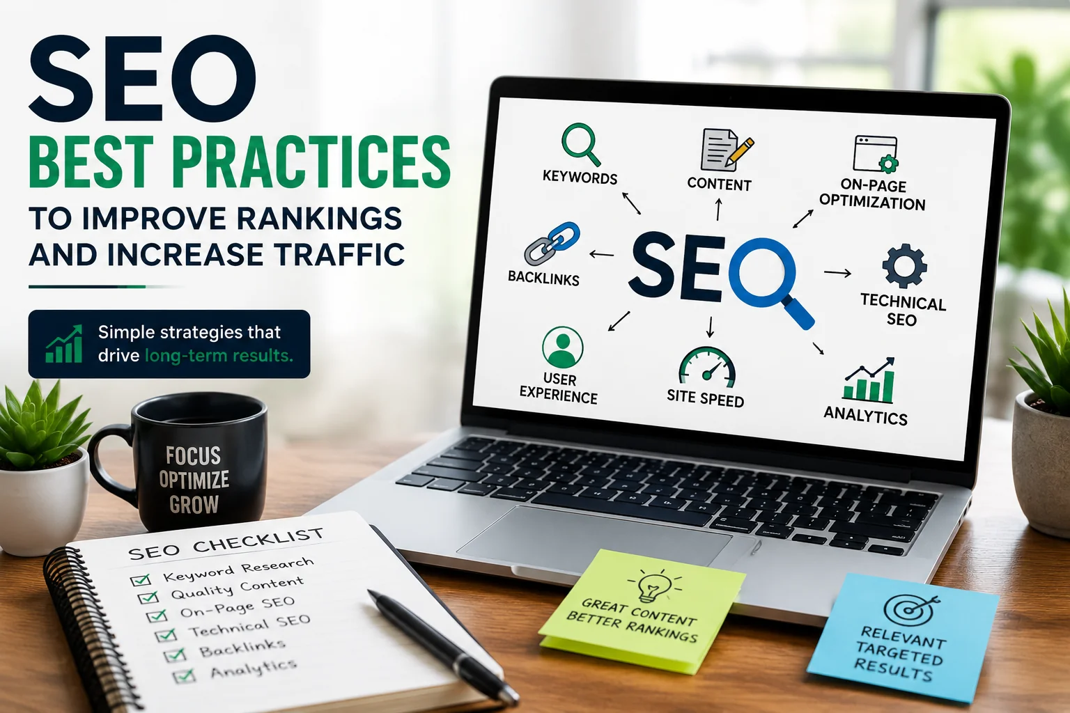 SEO best practices guide showing keywords, content, backlinks, site speed, analytics, and technical optimization.