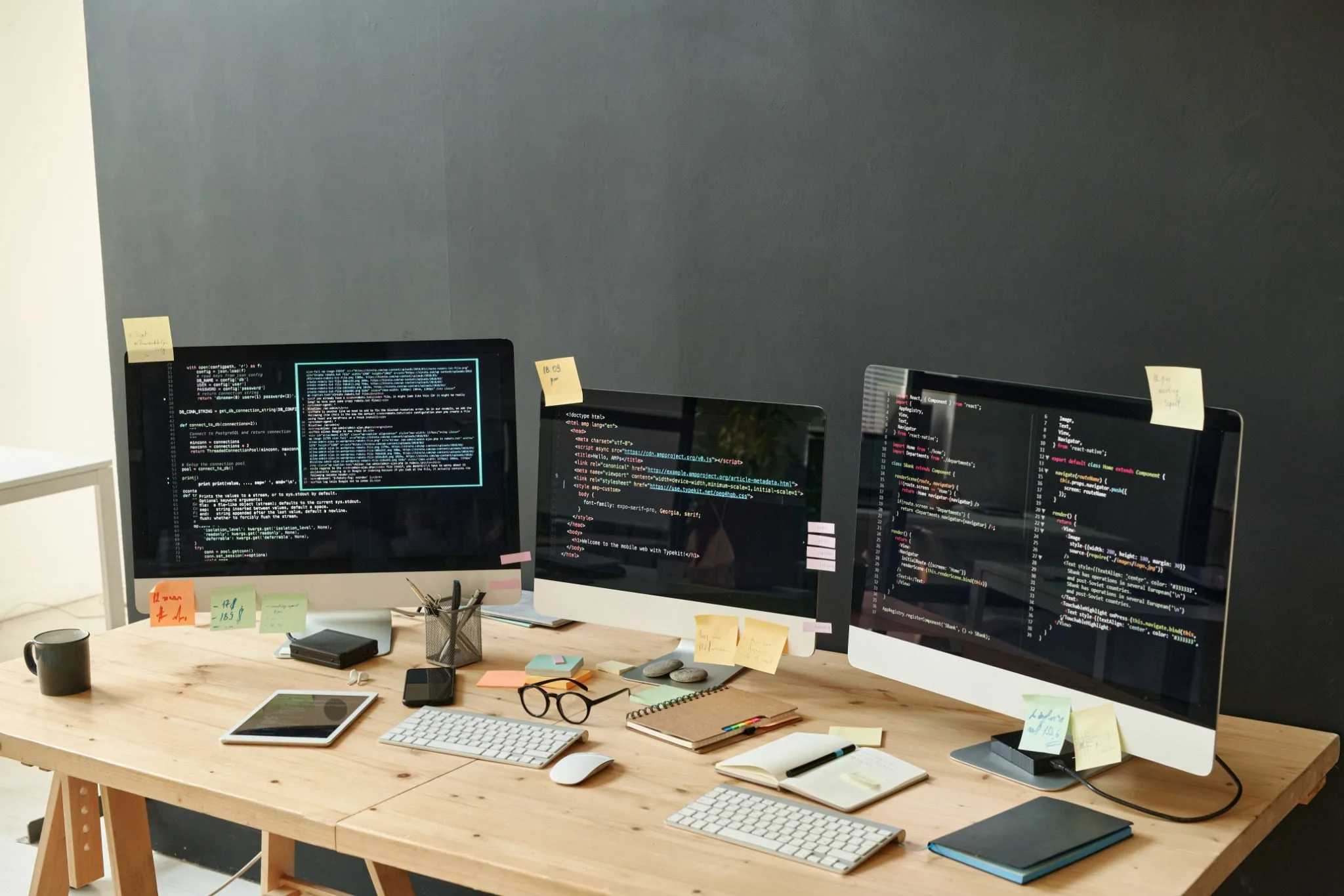 Computer workstation with multiple monitors displaying programming code.