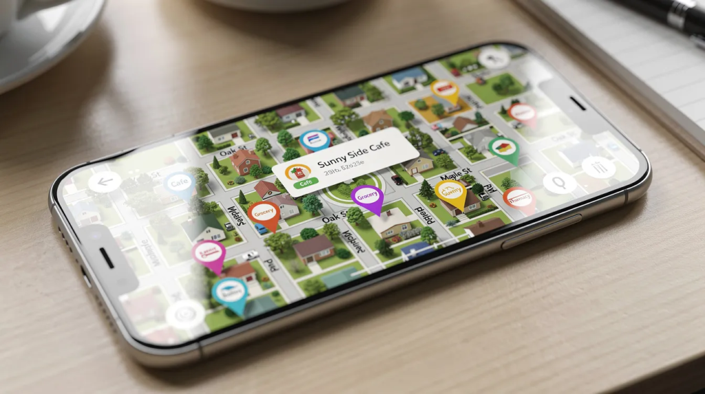 Mobile map displaying local businesses